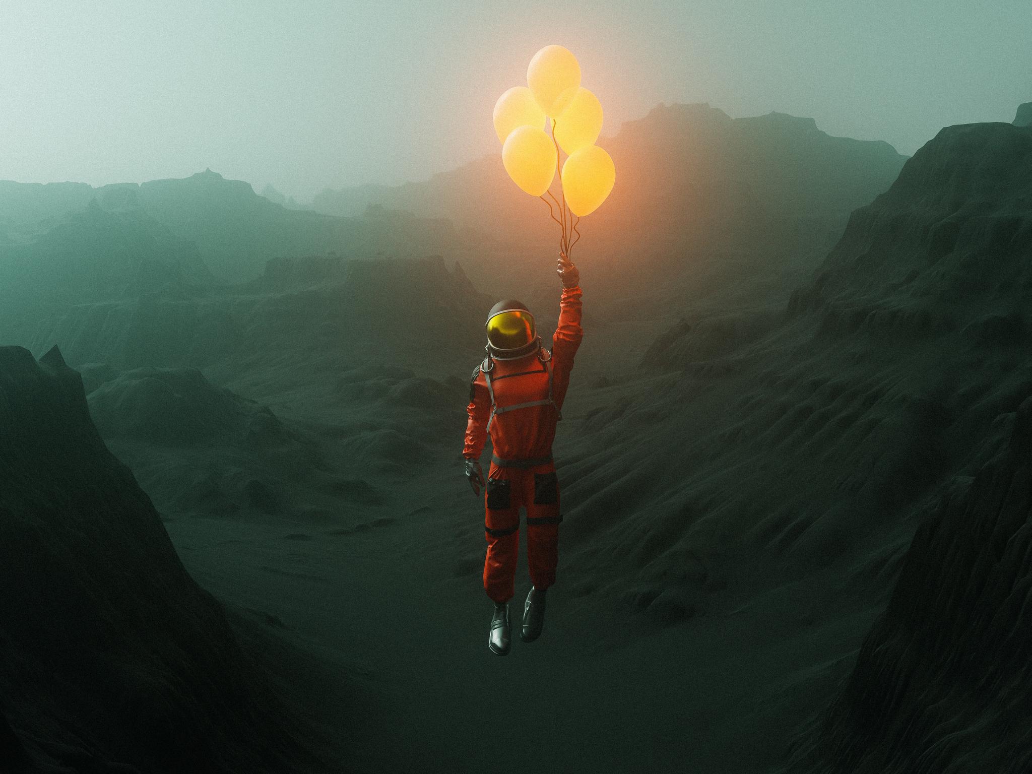 2048x1536 Download Astronaut flying in balloons, Render, Astronaut, Suit, Balloon, Glow, Flight Wallpaper in 2048x1536 Resolution