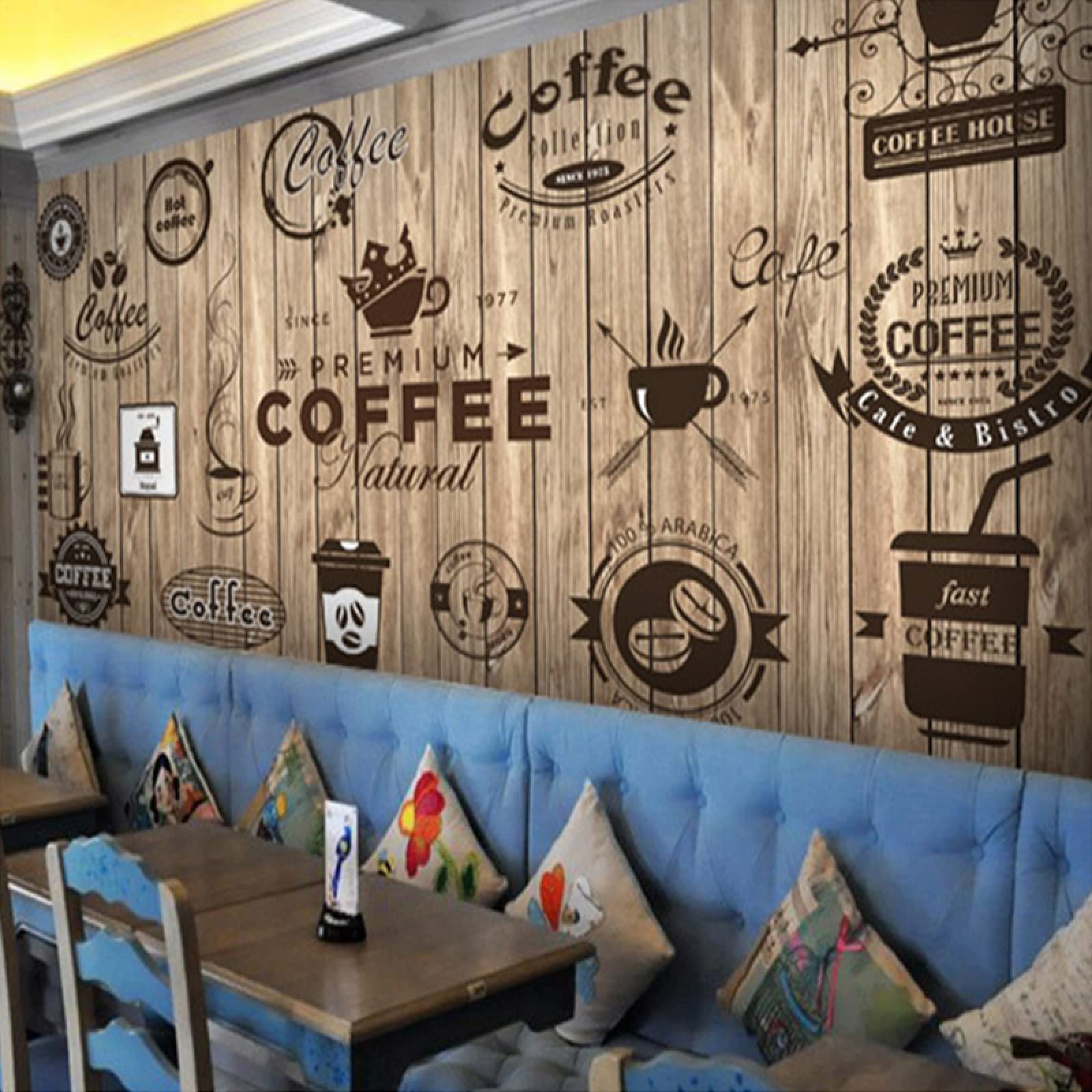 1600x1600 Retro Nostalgic Wood Grain Cafe 3D Wall Murals Wallpaper, Coffee Icon Letters Wall Mural Wallpaper Decor Paintings, Suitable for Restaurant Cafe, 118W x 82.6 H : Tools & Home Improvement