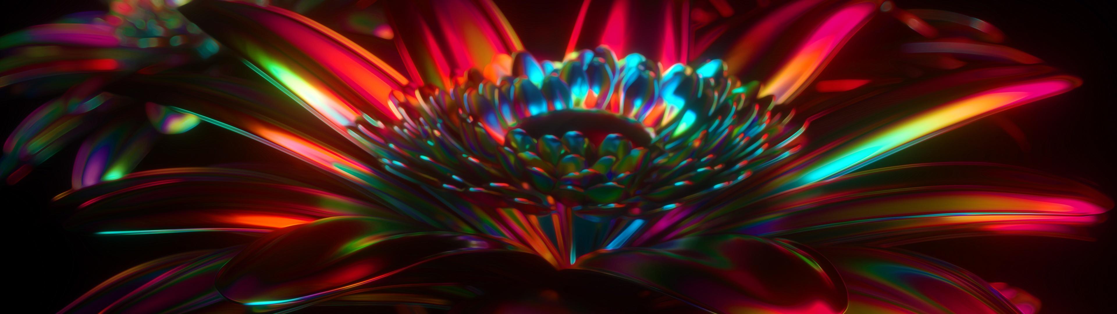 3840x1080 3D Wallpaper 4K, Neon, Flower, CGI, Abstract