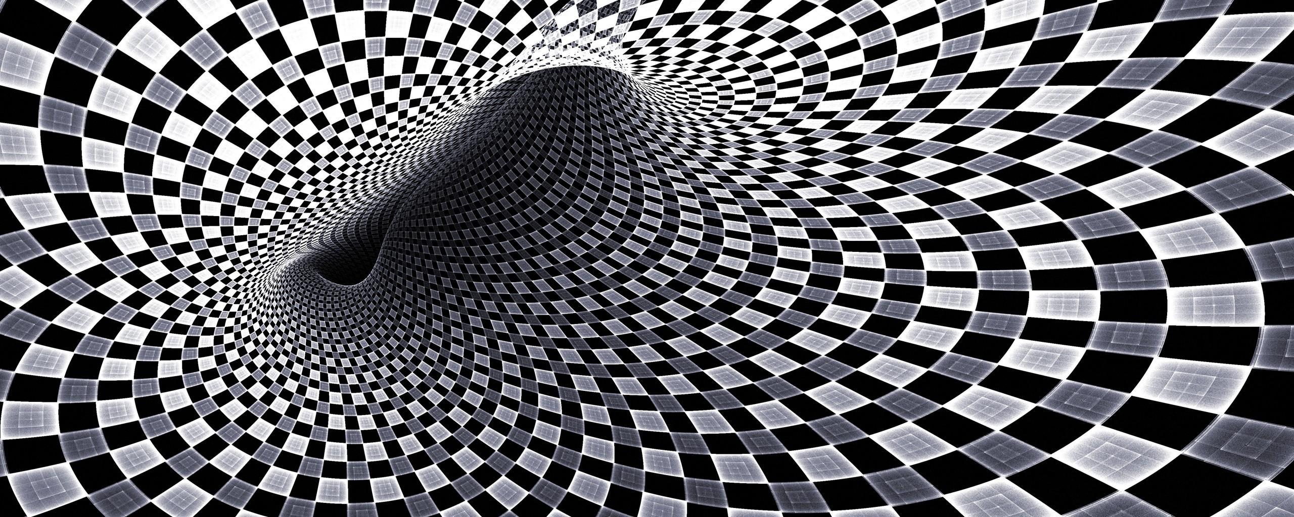2560x1024 Squares gray and black, hypnotic tunnel