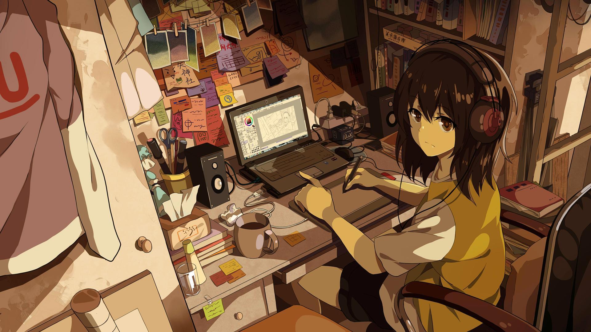 1920x1080 Rooms, Anime Girls, Laptop, Headphone, Drawing wallpaper. anime
