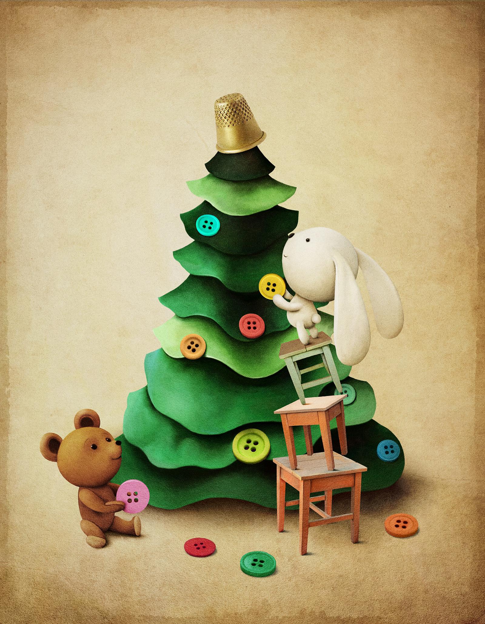1600x2060 Little bear bunny decorating christmas tree 54628 illustration wallpaper