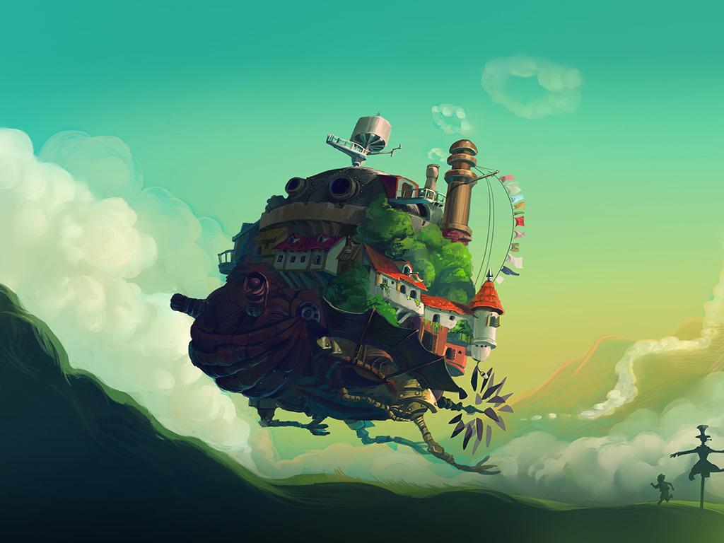 1024x768 wallpaper for desktop, laptop. studio ghibli castle anime green peace art illustration