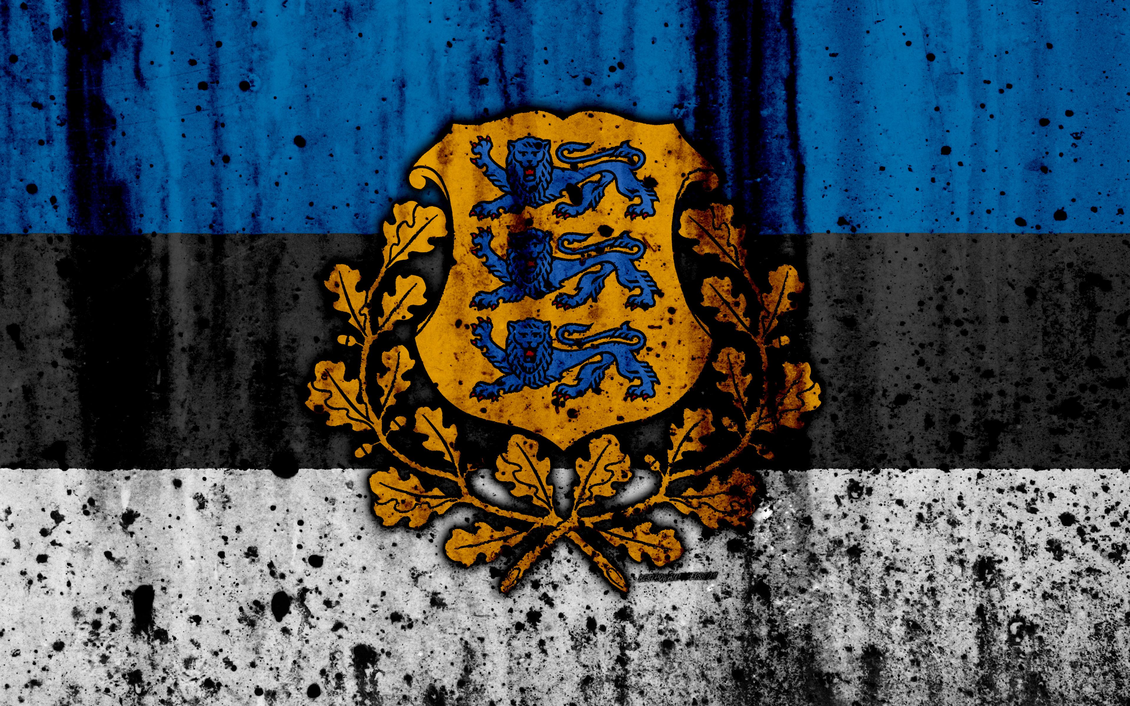 3840x2400 Download wallpaper Estonian flag, 4k, grunge, flag of Estonia, Europe, Estonia, national symbolism, coat of arms of Estonia, Estonian coat of arms for desktop with resolution 3840x2400. High Quality HD picture wallpaper