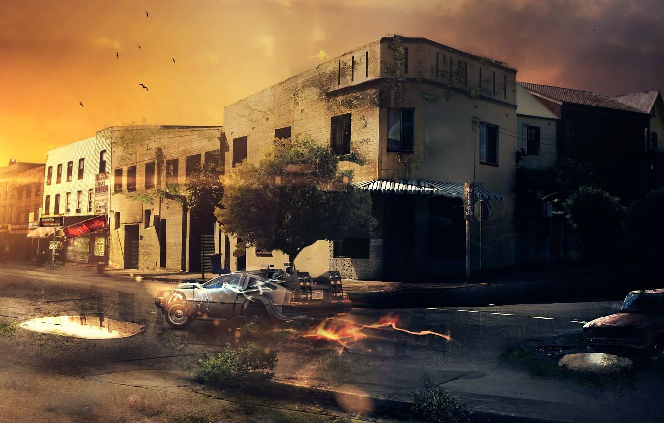 1332x850 Wallpaper road, the sun, trees, sunset, machine, fire, bird, home, puddles, Back to the future image for desktop, section фильмы