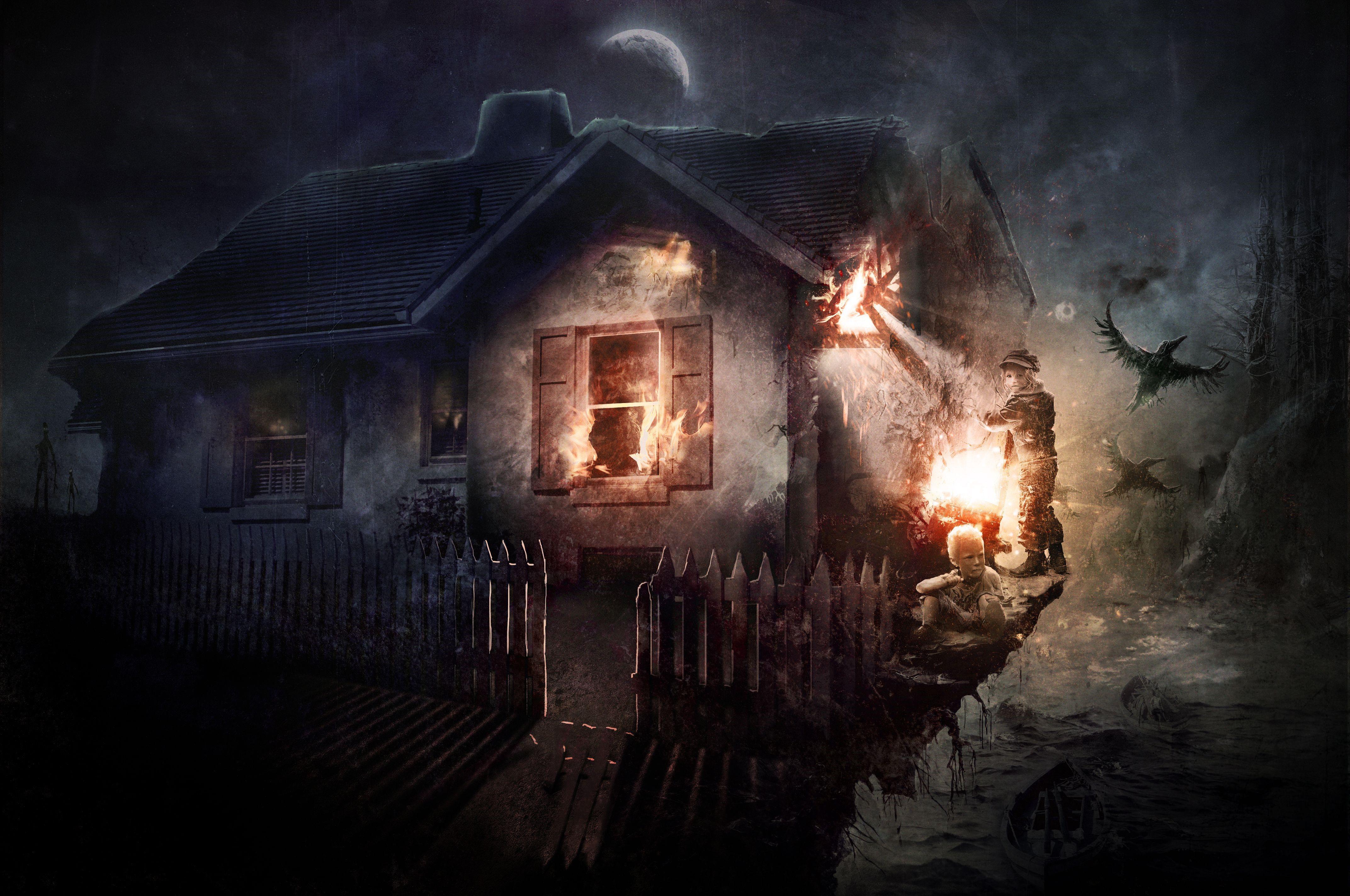4288x2848 4K, Gothic Fantasy, Houses, Fire, Fence Gallery HD Wallpaper