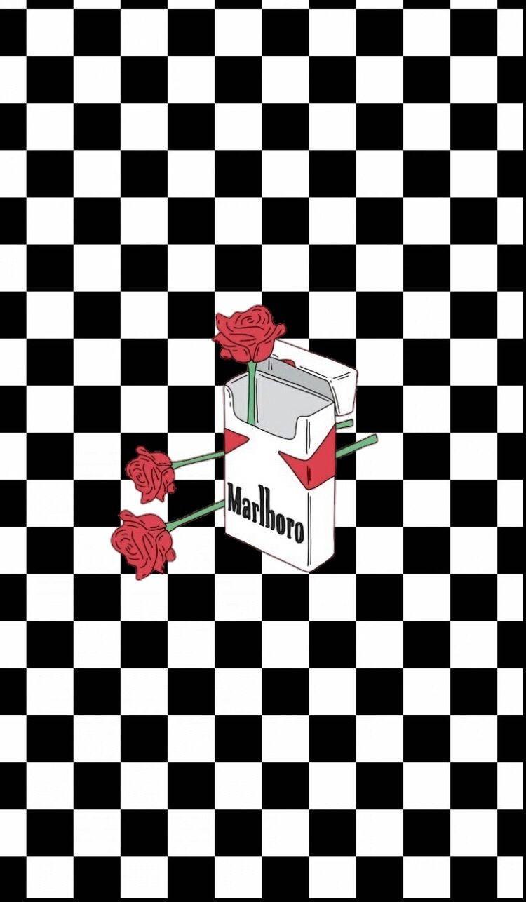 750x1286 Download Marlboro And Roses On Black And White Squares Pattern Wallpaper