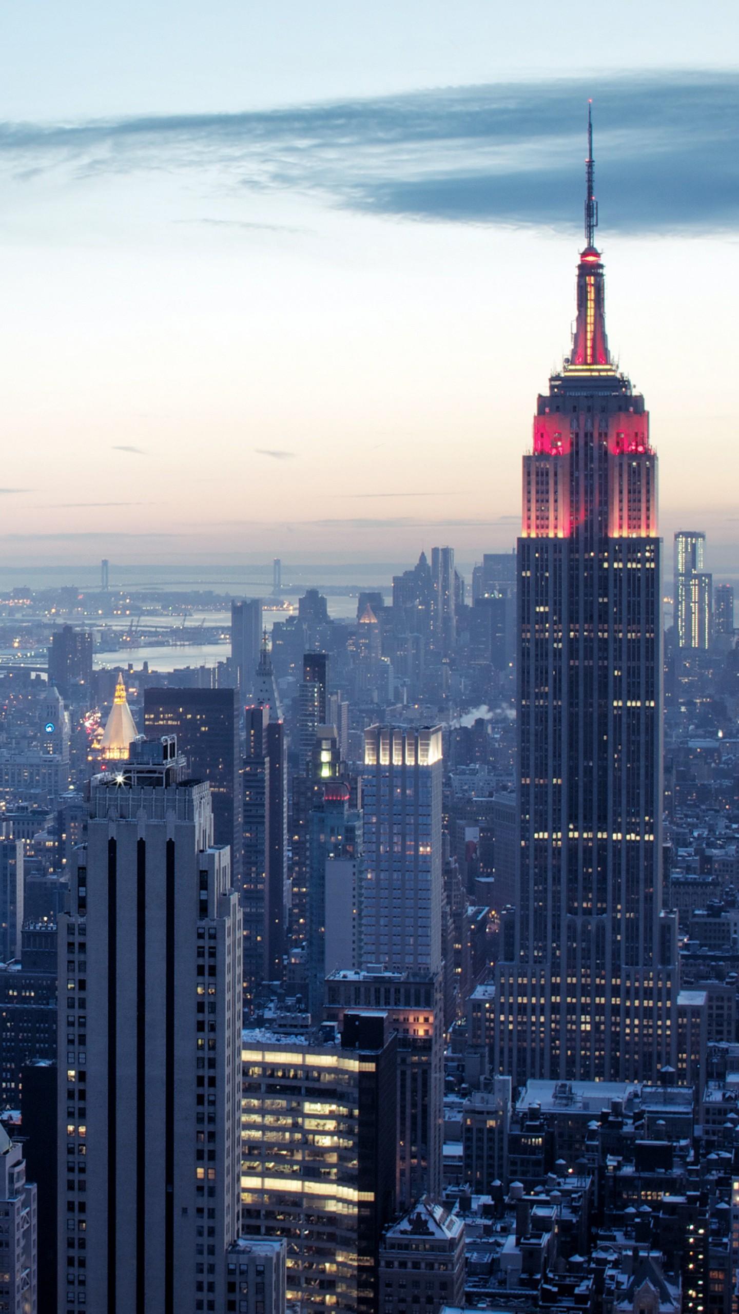 1440x2560 Wallpaper New York, Rockefeller Center, sky, sunrise, light, blue, twilight, Architecture