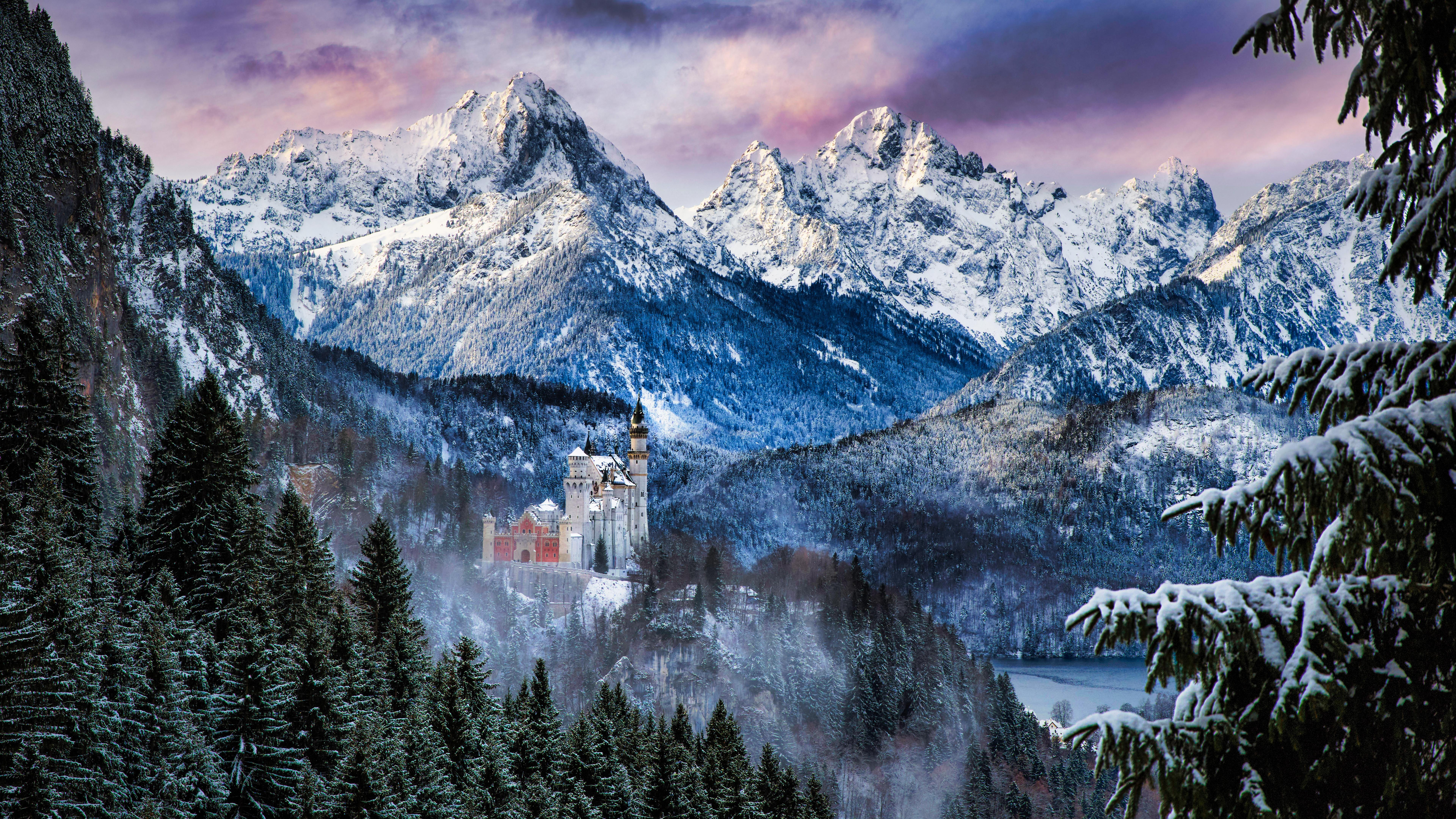 7680x4320 Neuschwanstein Castle Wallpaper 4K, Morning, Winter, Nature