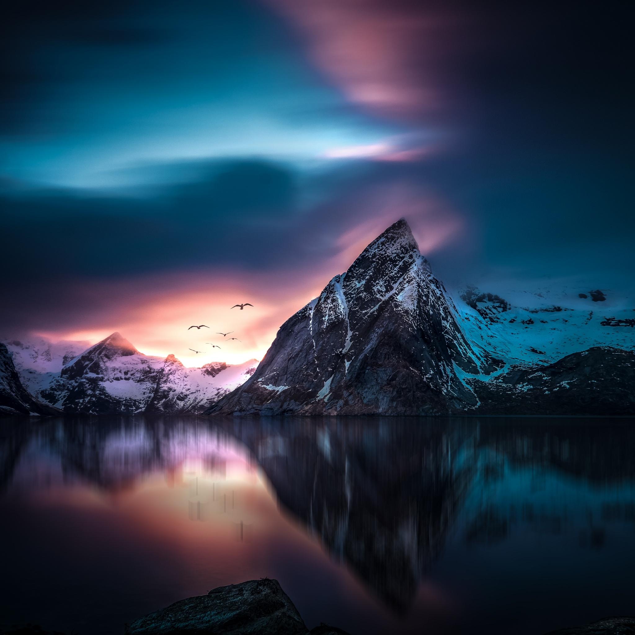 2048x2048 Mountains Wallpaper 4K, Peak, Lake, Reflection, Winter