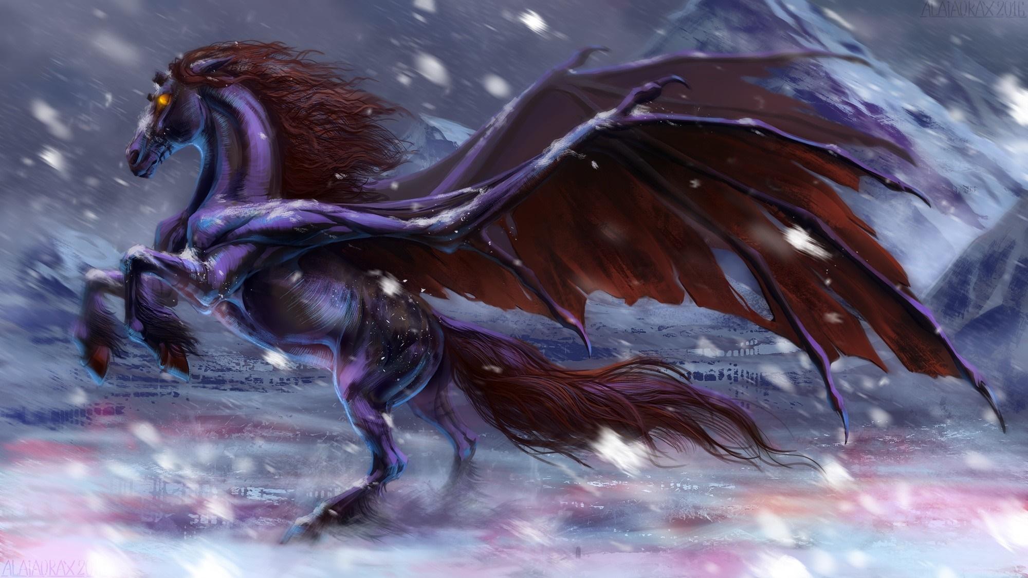 2000x1125 mountains, fantasy art, snow, artwork, dragon, mythology, Pegasus, screenshot, computer wallpaper, fictional character, mythical creature, mustang horse Gallery HD Wallpaper