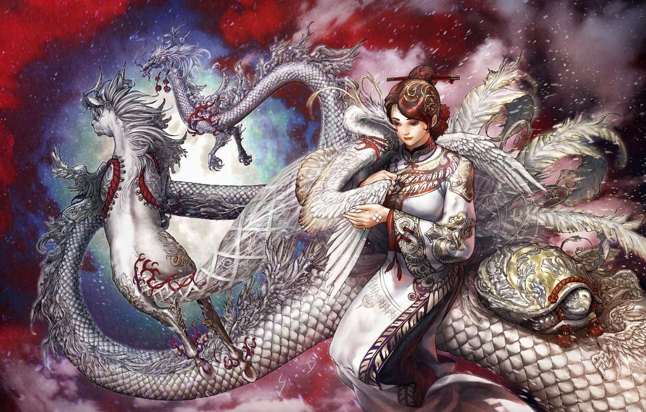 1332x850 Wallpaper Girl, Dragon, Horse, Turtle, Stork image for desktop, section фантастика