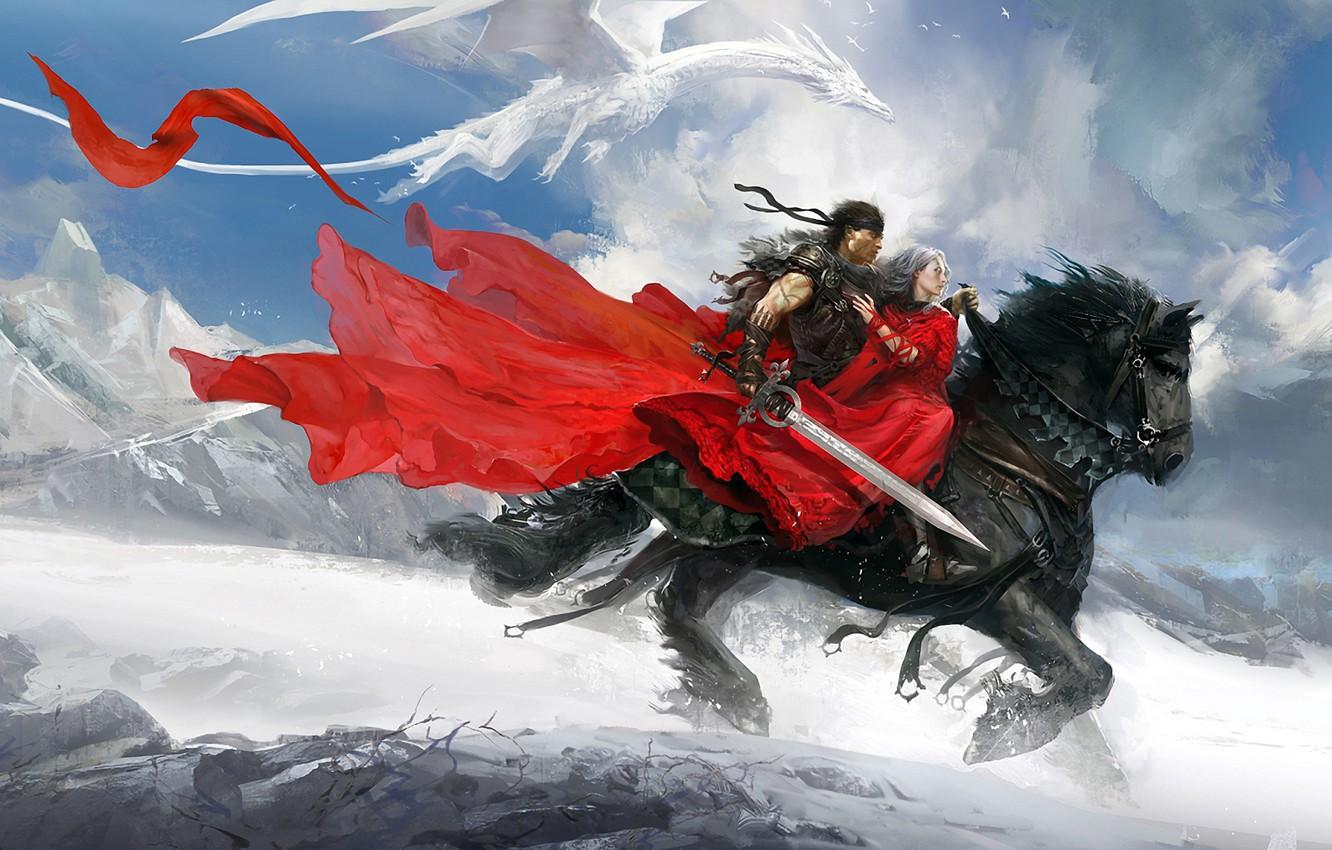 1332x850 Wallpaper girl, dragon, warrior, Art, horse riding, mountains snow image for desktop, section фантастика