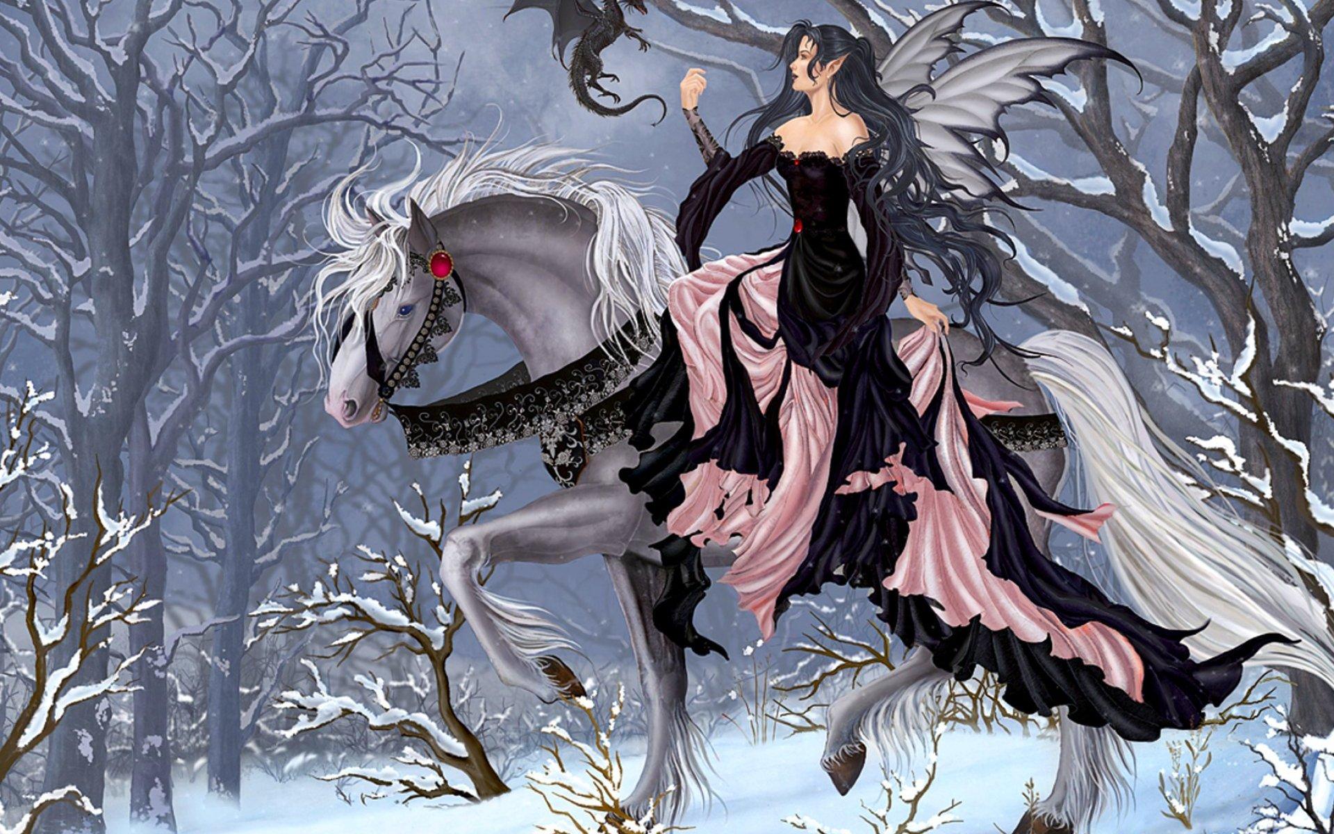 1920x1200 Fantasy Woman Girl Horse Dragon Fairy Pointed Ears Wings Wallpaper:1920x1200