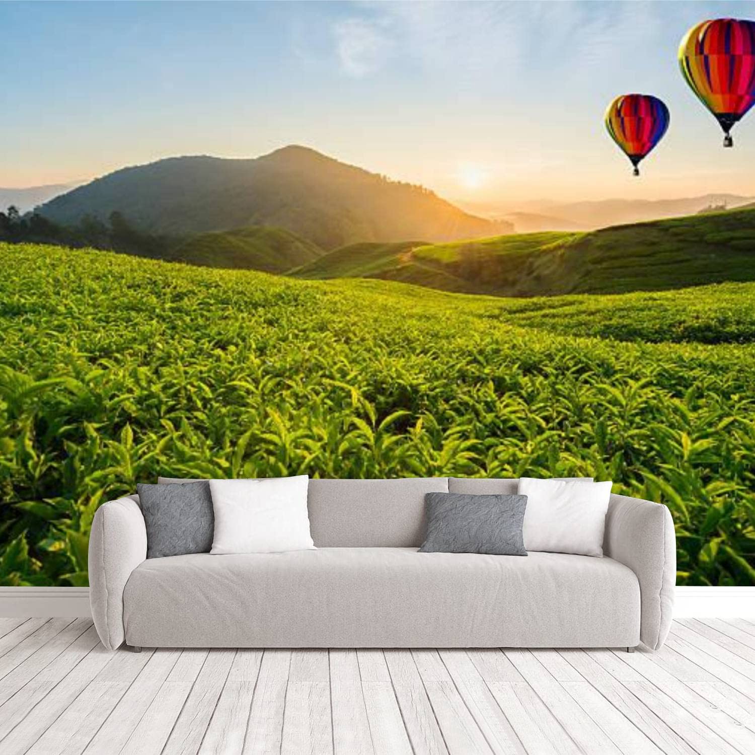 1500x1500 IJZHFCAZGI Tea Plantation at Cameron Highlands with hot air Balloon Wallpaper Peel & Stick Self Adhesive Wallpaper Removable Large Wall Sticker Mural Decal Poster Home Decor for Living Room Bedroom