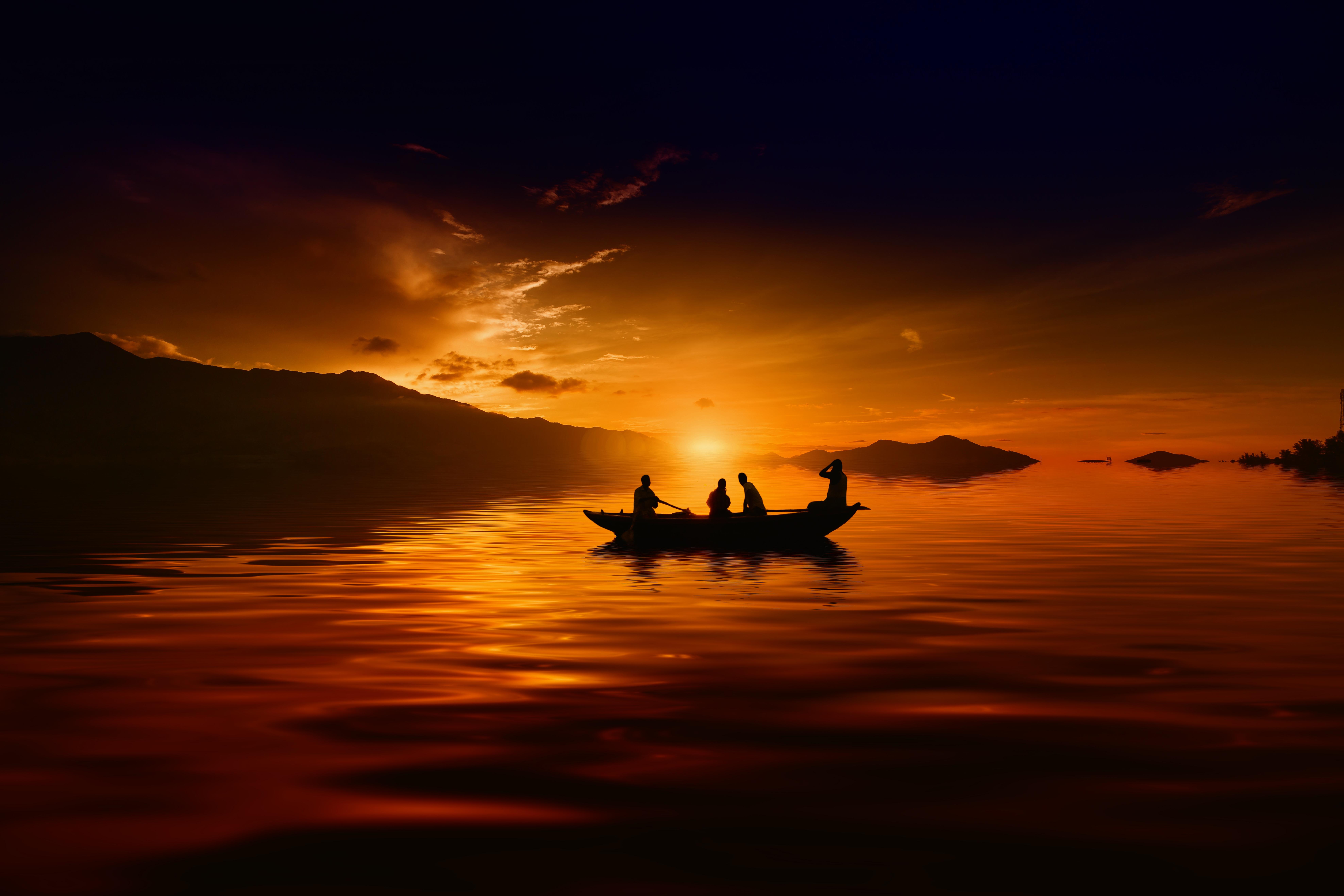 7904x5272 Sunset Wallpaper 4K, People, Boat, Nature