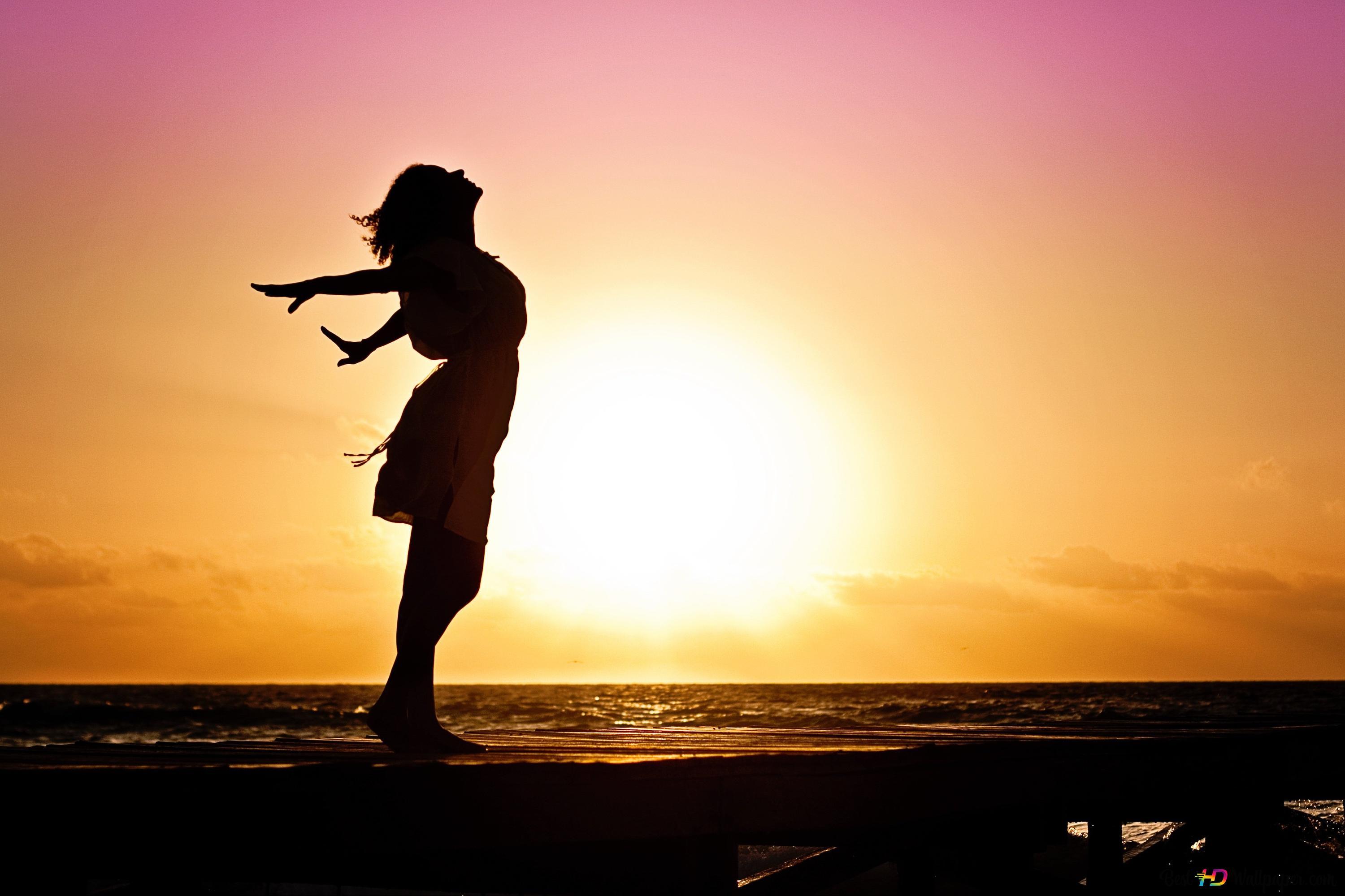 3000x2000 silhouette of woman at sunset 4K wallpaper download