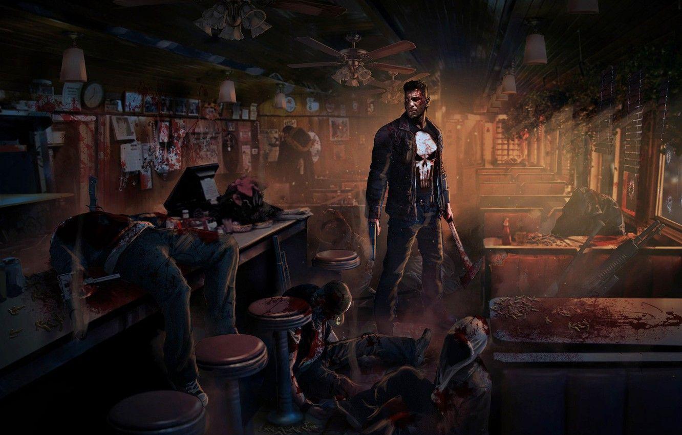 1332x850 Wallpaper weapons, blood, skull, art, cafe, axe, corpses