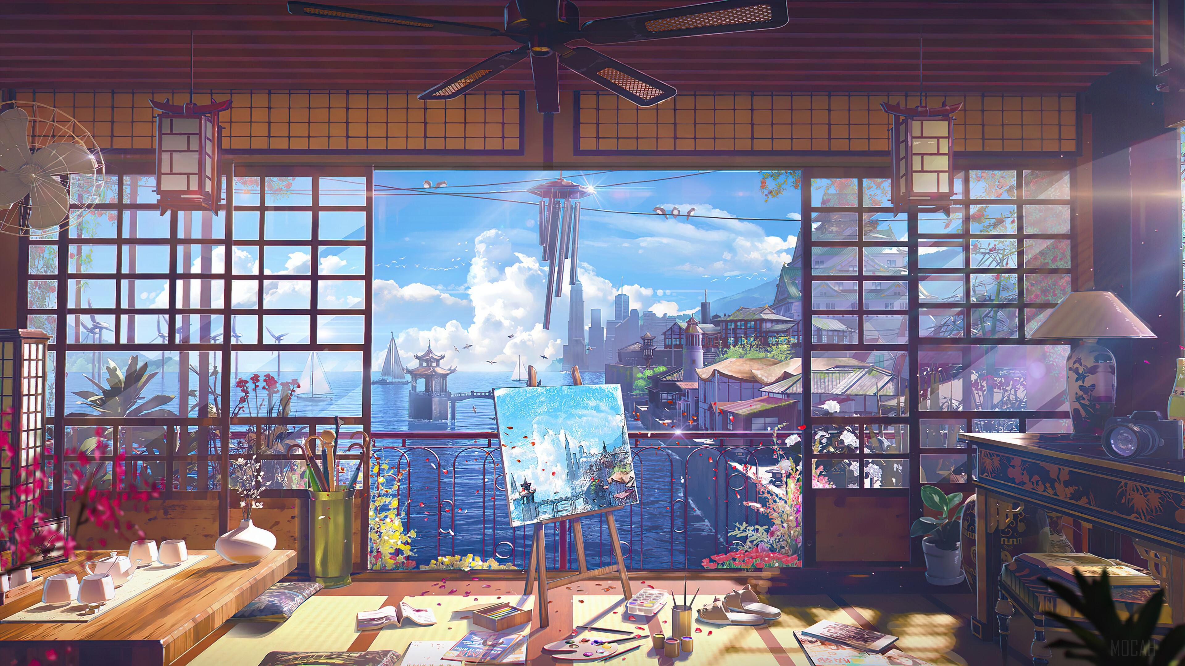 3840x2160 City, Sea, Anime, Scenery, Digital Art 4k Gallery HD Wallpaper