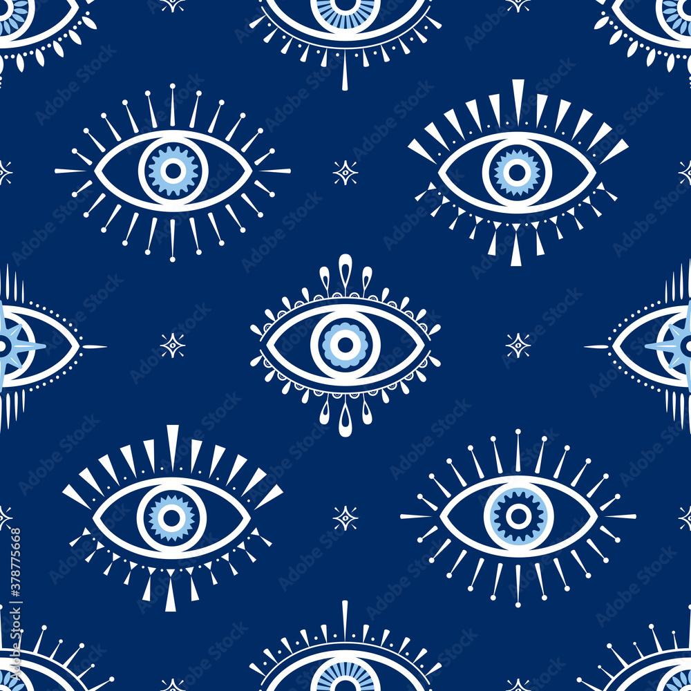 1000x1000 Evil eye vector seamless pattern. Magic, witchcraft, occult symbol, line art collection. Hamsa eye, magical eye, decor element. Blue, white, eyes. Fabric, textile, giftware, wallpaper. Stock Vector