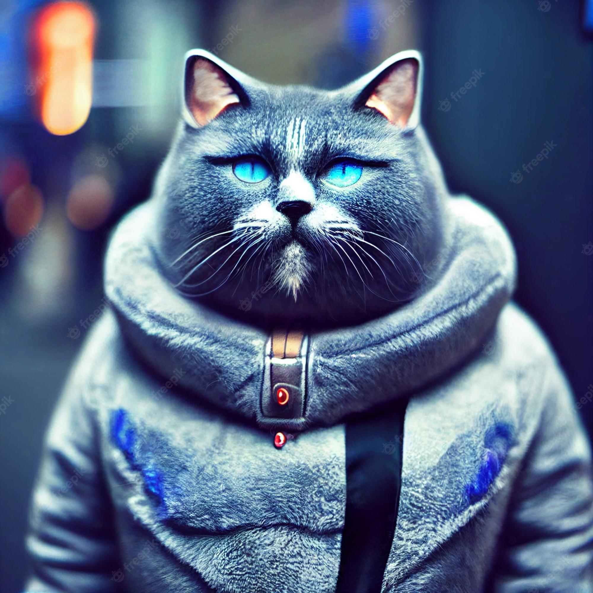2000x2000 Premium Photo. Anthropomorphic russian blue cat with clothes portrait 3D rendering