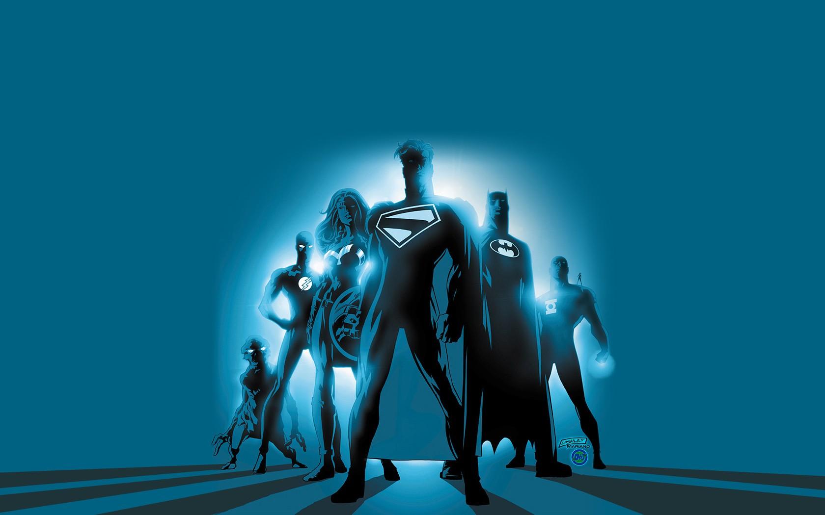1680x1050 artwork, Wonder Woman, blue background, Superman, Justice League, Flash, Batman, Green Lantern, The Flash Gallery HD Wallpaper