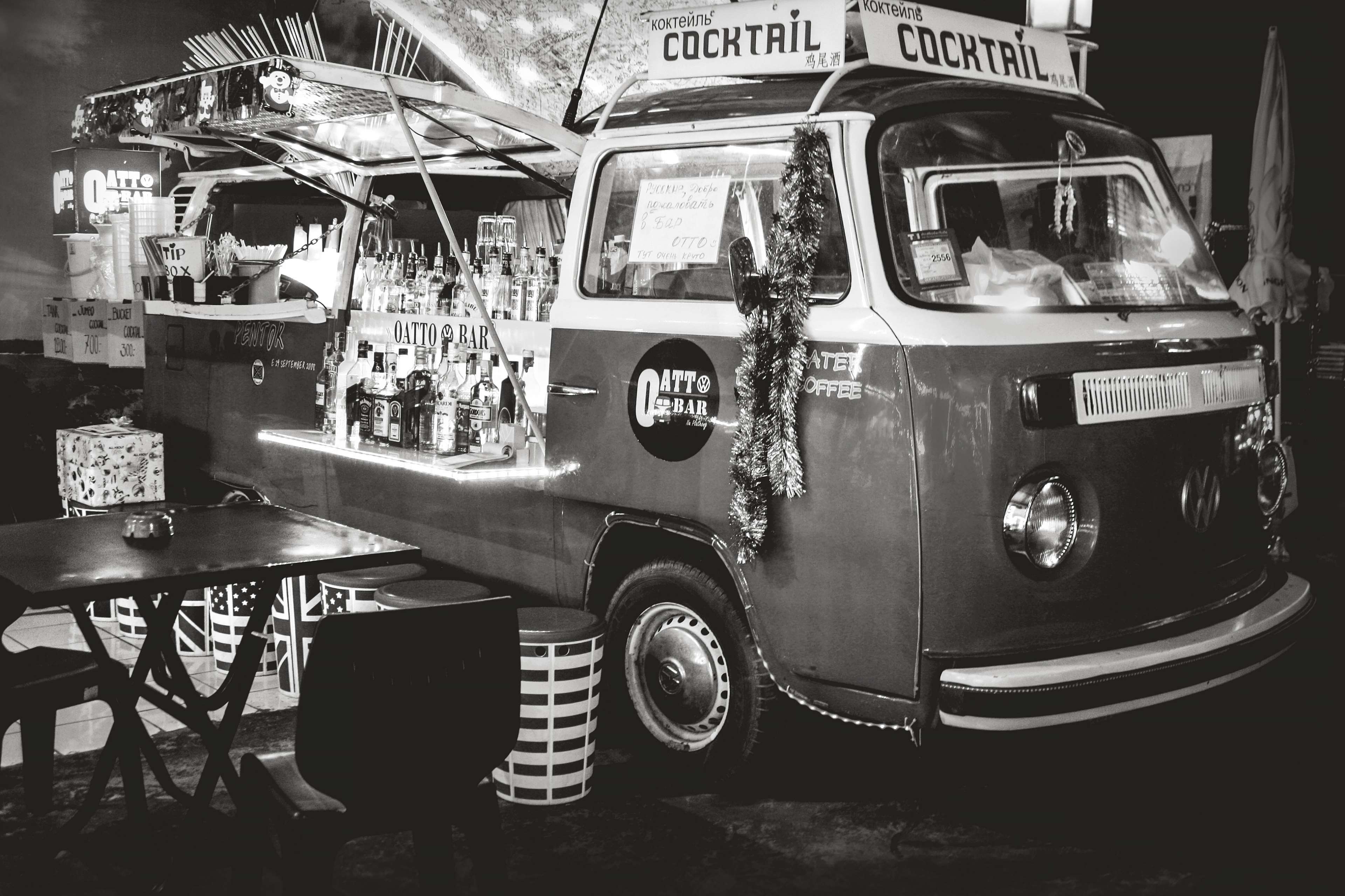 3840x2560 bar, black and white, bus, classic, drinks, vintage, vintage car, vw