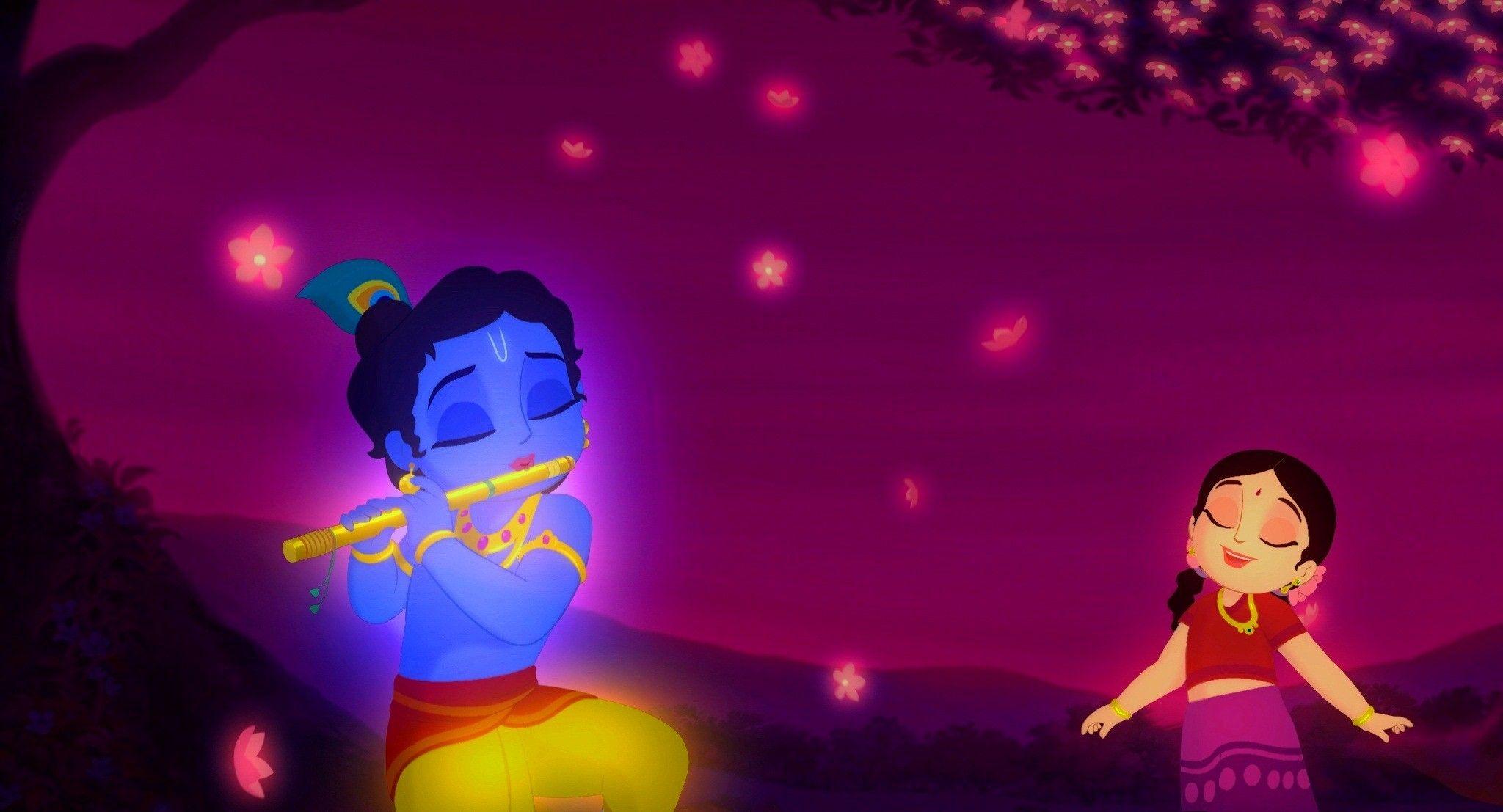 2048x1107 Radha Krishna Cartoon Wallpaper