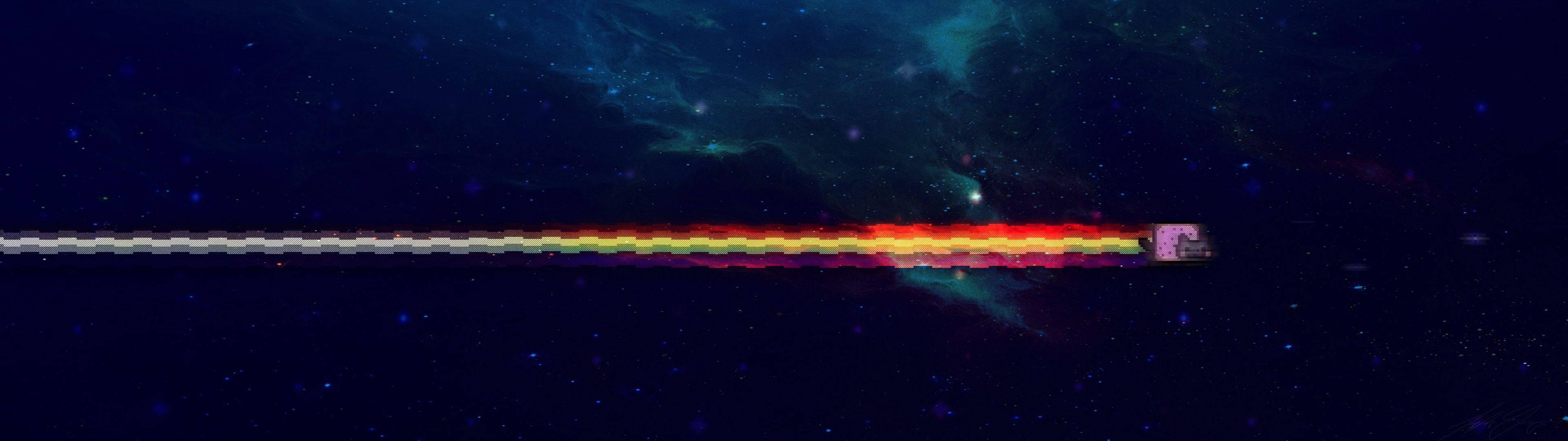 3840x1080 Download Creative Pixel Art Cat to Brighten up Your Dual Monitor Display Wallpaper