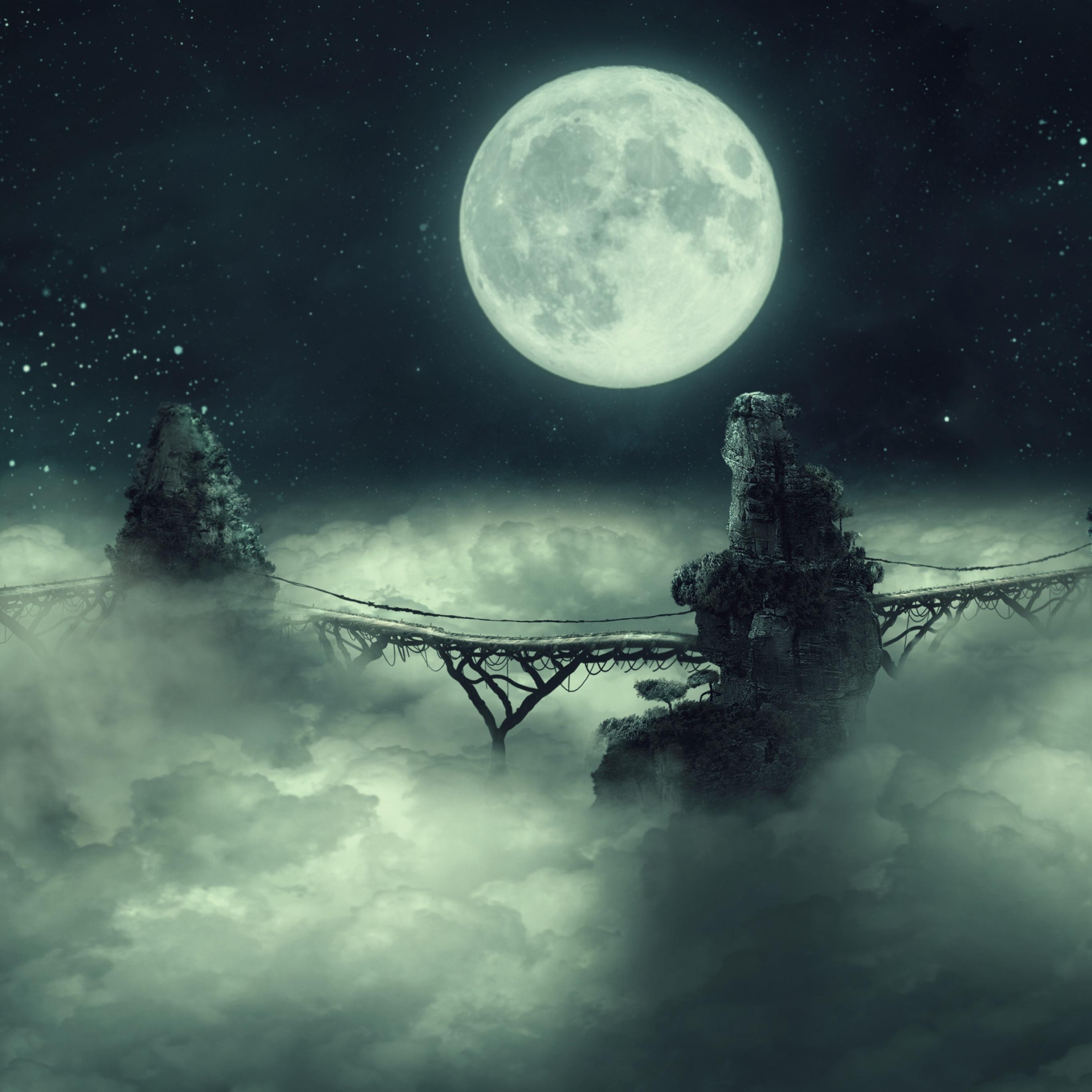 2732x2732 Full moon Wallpaper 4K, Dark Sky, Clouds, Fantasy