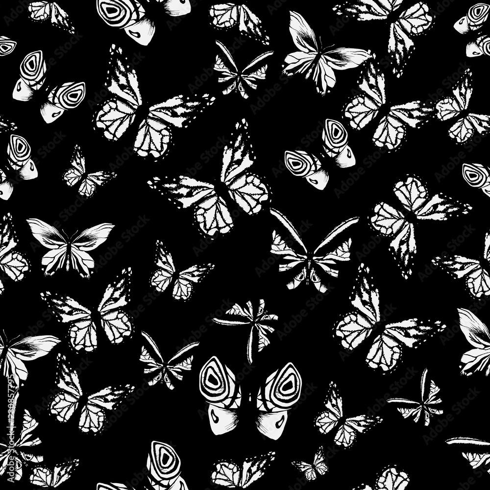 1000x1000 Vector. Art white butterflies on black
