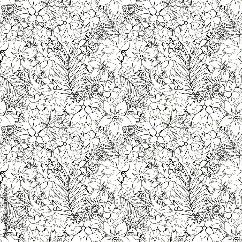 1000x1000 Black and White outline seamless pattern Floral background Flowers wallpaper plants on white background Drawn decorative flowers pattern. Design for home decor, fabric, carpet, wrapping, card Stock Illustration