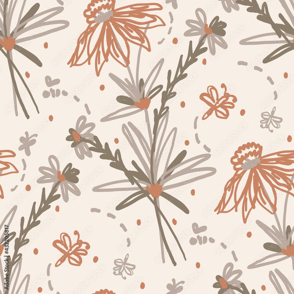 1000x1000 Seamless minimalist doodle floral pattern background. Calm boho earthy tone color wallpaper. Simple modern scandi unisex flower design. Organic childish gender neutral baby all over print. Hand drawn. Stock Vector