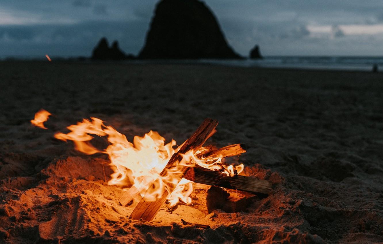 1332x850 Wallpaper sand, night, fire, shore, the evening, wood, the fire image for desktop, section природа