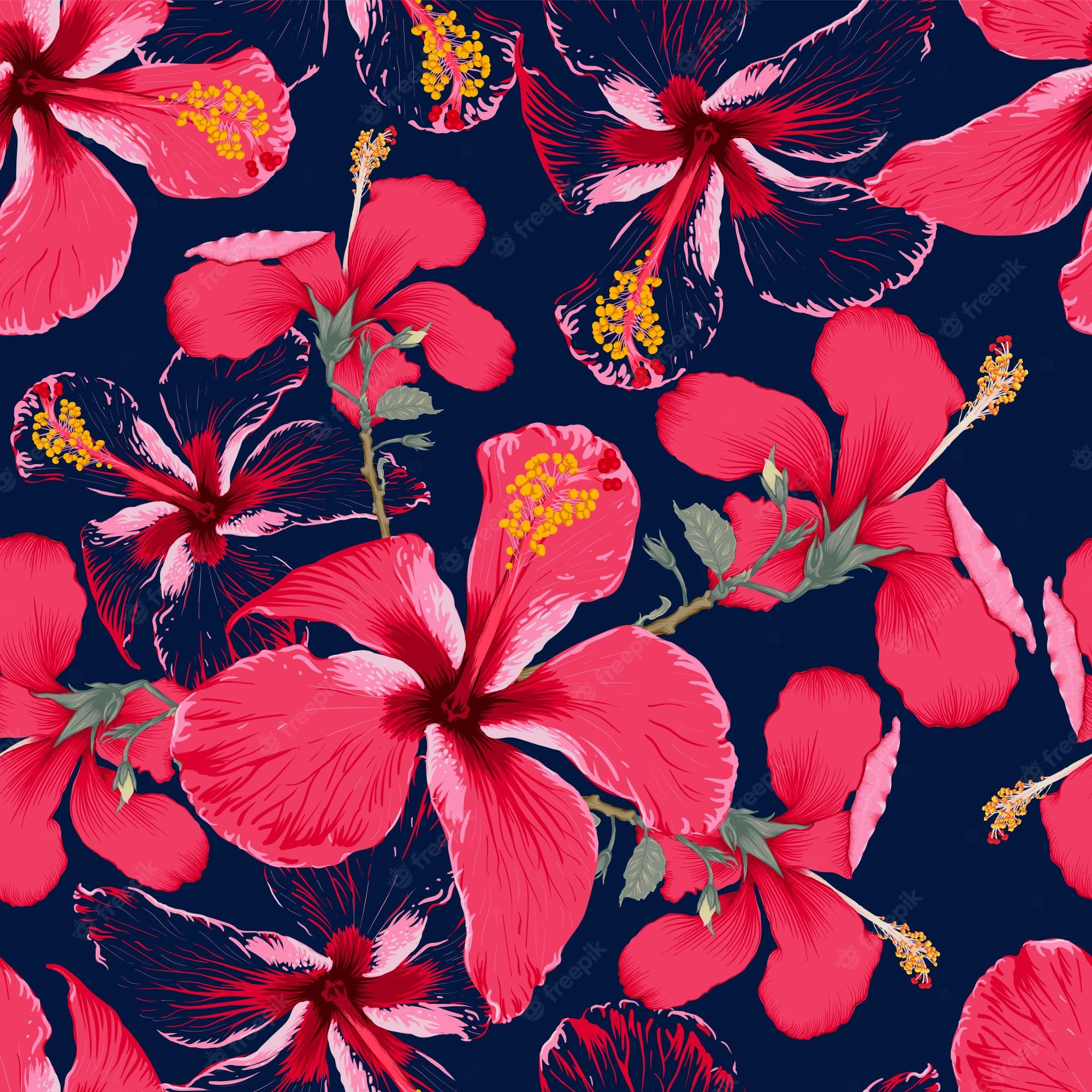 2000x2000 Premium Vector. Seamless pattern red hibiscus flowers on isolated dark blue background. hand drawing dry watercolor style