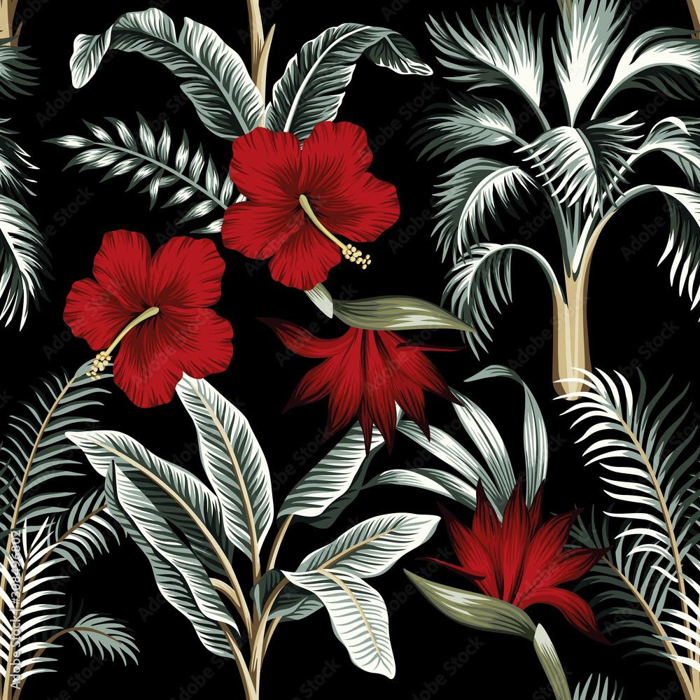 1000x1000 Tropical Hawaiian vintage flower red hibiscus and strelitzia floral green palm trees, banana leaves seamless pattern black background. Exotic jungle wallpaper. Stock Vector