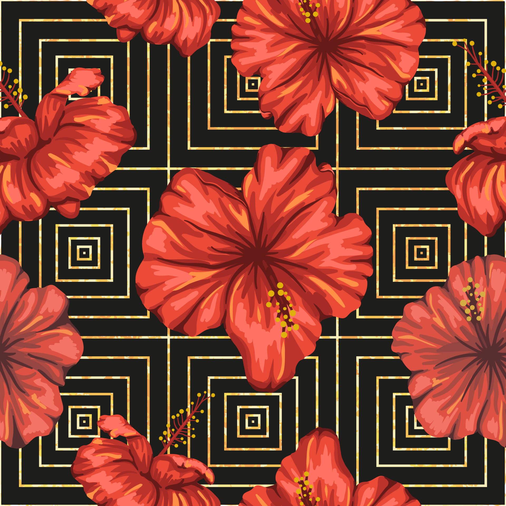 1920x1920 Vector seamless geometric pattern with bright red hibiscus flowers on black background with golden texture. Repeat tropical backdrop. Trendy exotic jungle wallpaper