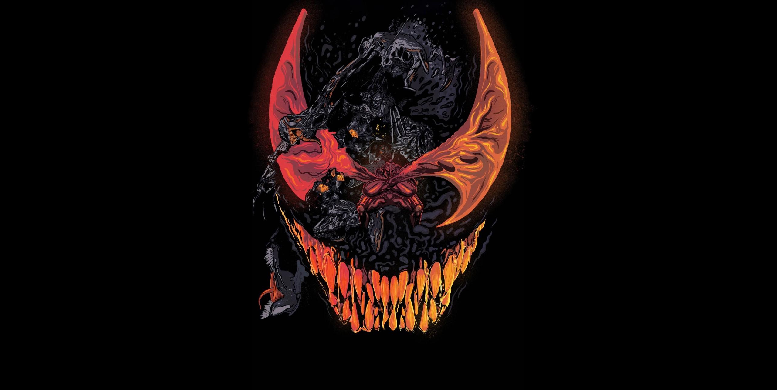 2560x1287 simple background, artwork, Carnage, Venom, creature, black background Gallery HD Wallpaper