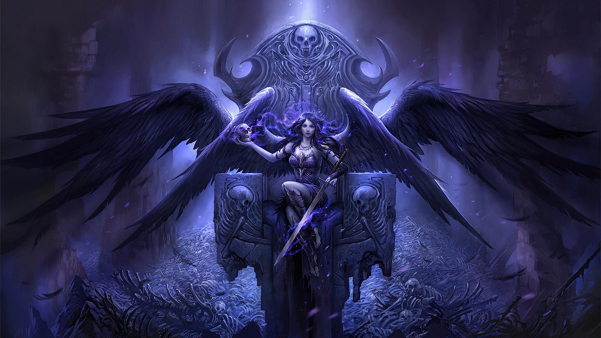 1920x1080 Download wallpaper 1920x1080 black angel sitting on throne, fantasy, artwork, full hd, hdtv, fhd, 1080p wallpaper, 1920x1080 HD background, 25863