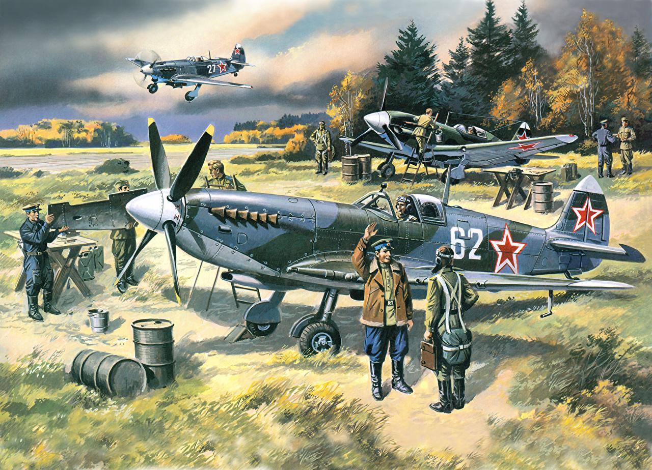 1280x924 Wallpaper Airplane Soldiers Supermarine Spitfire Painting Art