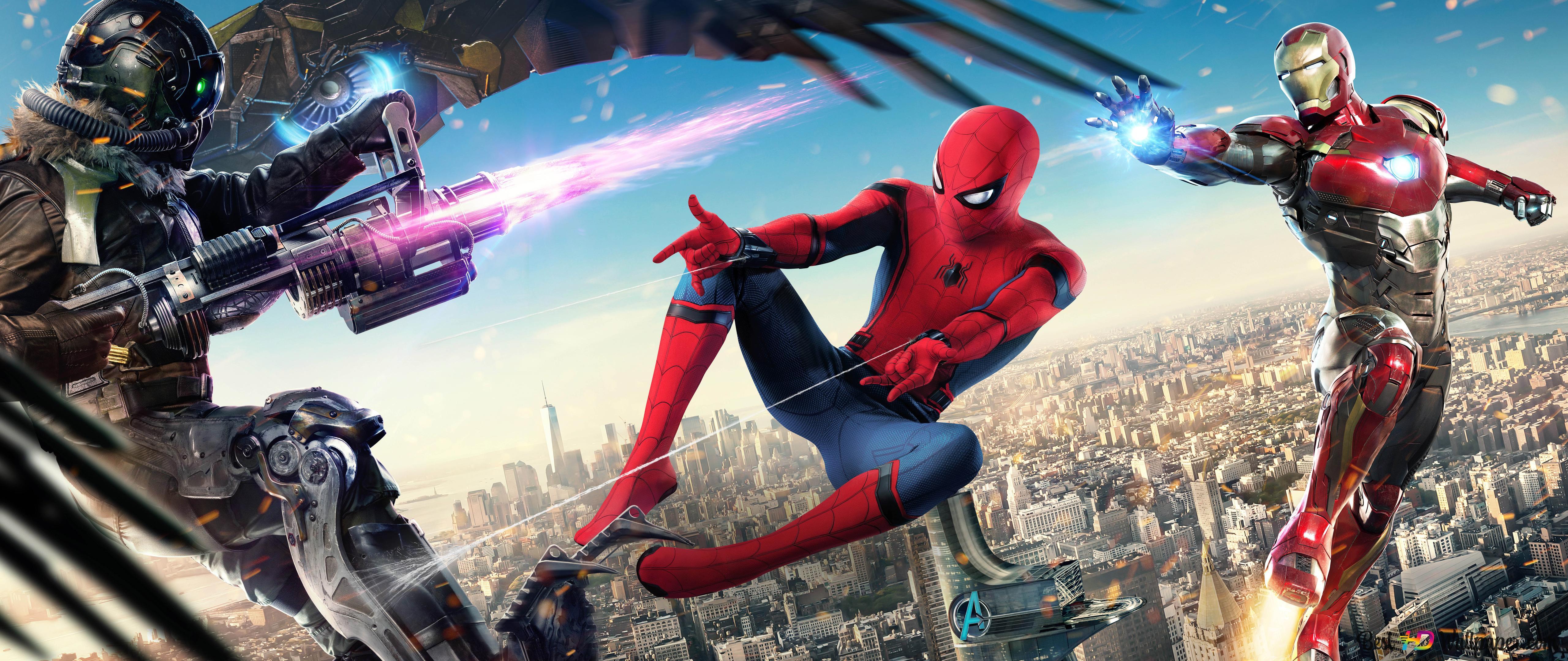 5120x2160 Spider Man And Iron Man Fighting Against Vulture 8K wallpaper download