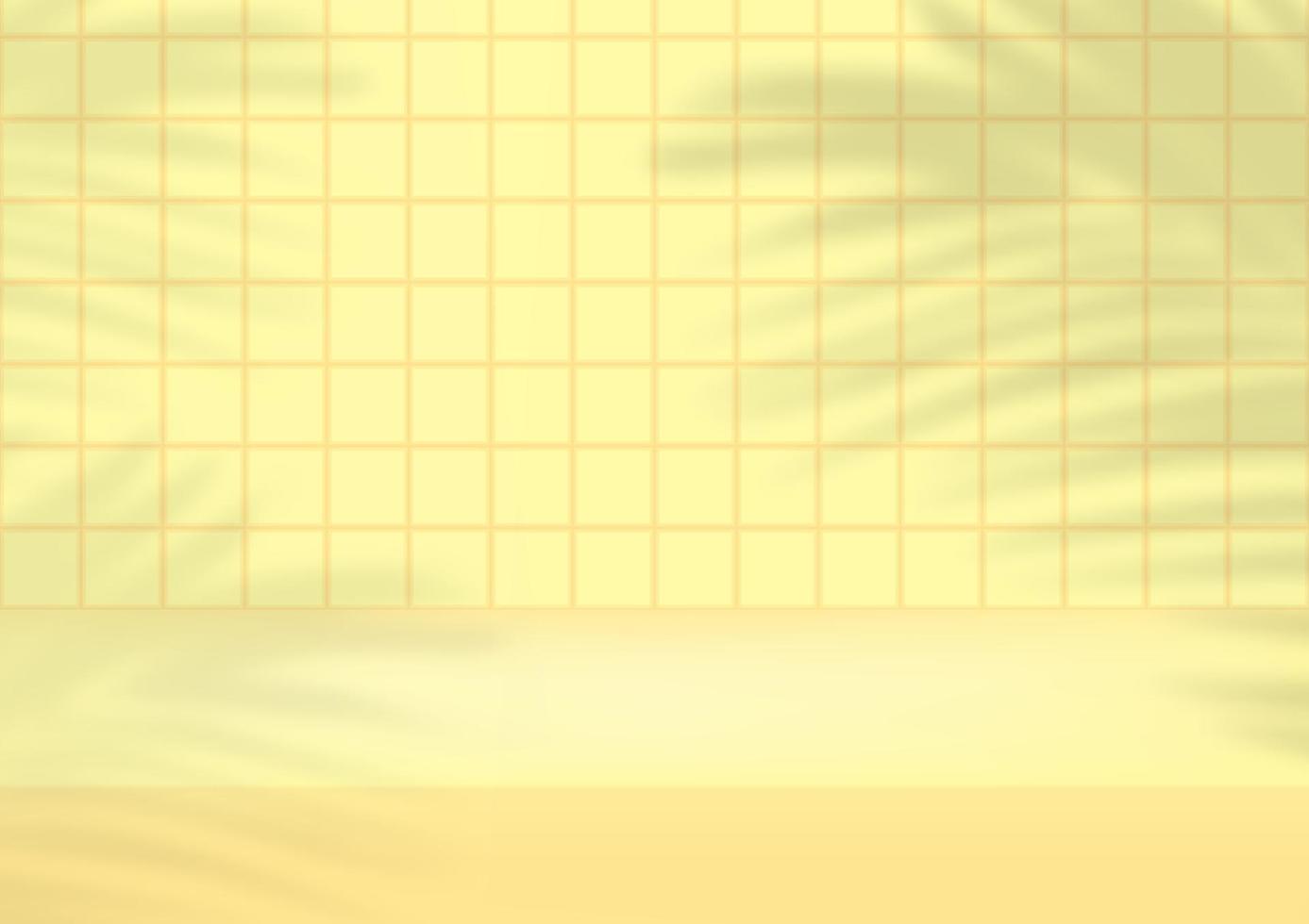 1387x980 Empty studio yellow tiles background with palm leaves for product display