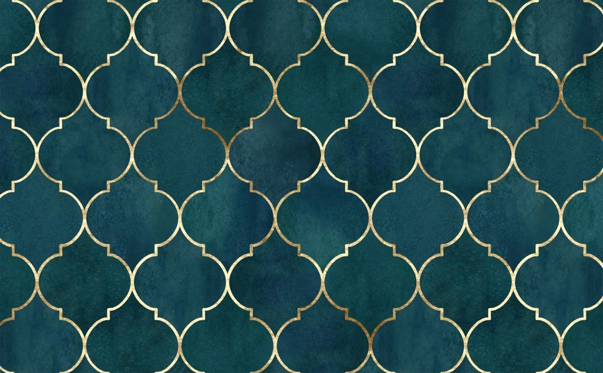 1200x742 Dark Aquamarine Watercolor with Vintage Golden Moroccan Pattern Wallpaper for Walls