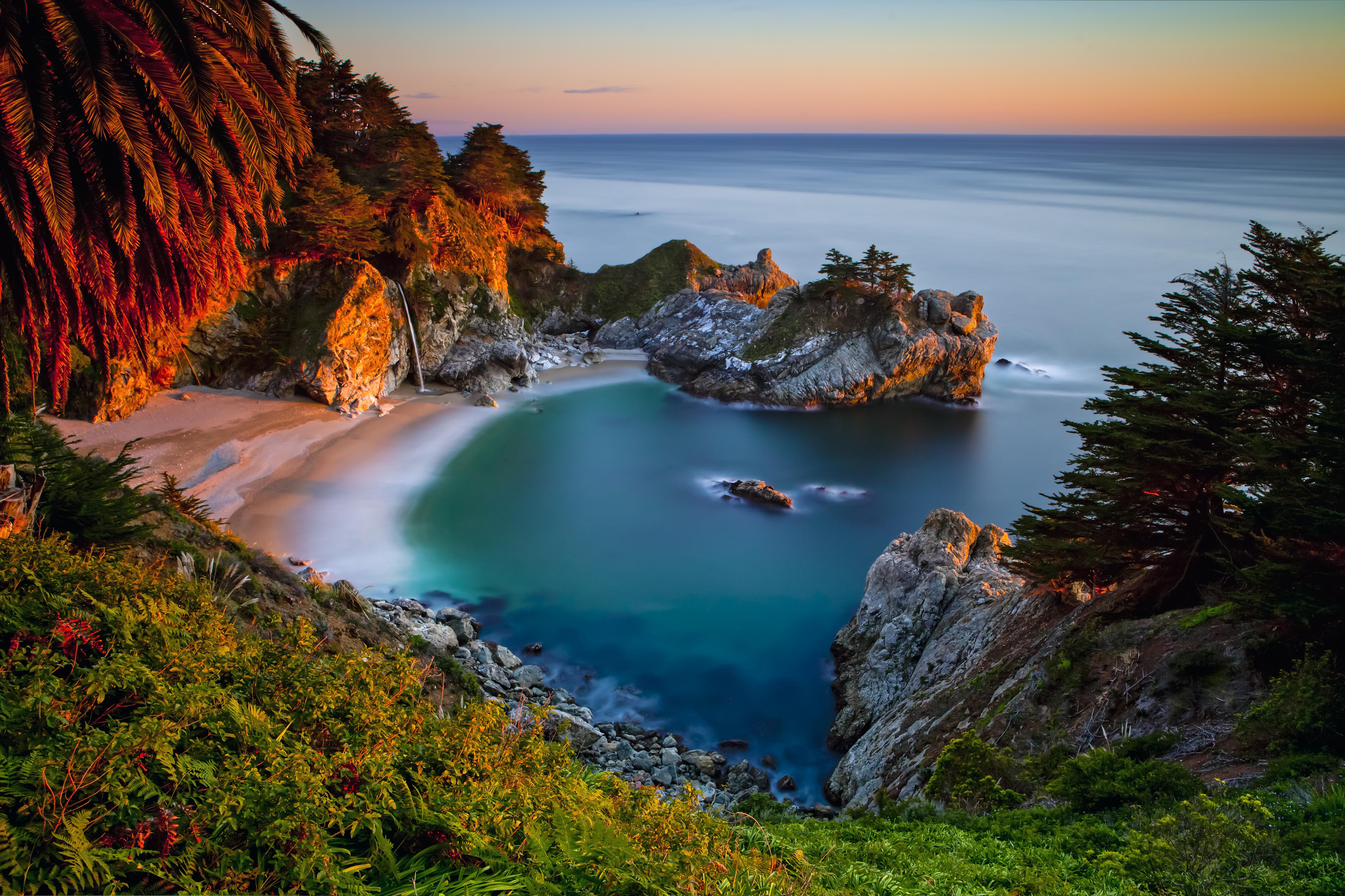 5548x3699 HD desktop wallpaper: Beach, Sand, Waterfall, Ocean, Earth, California, Coastline, Big Sur download free picture