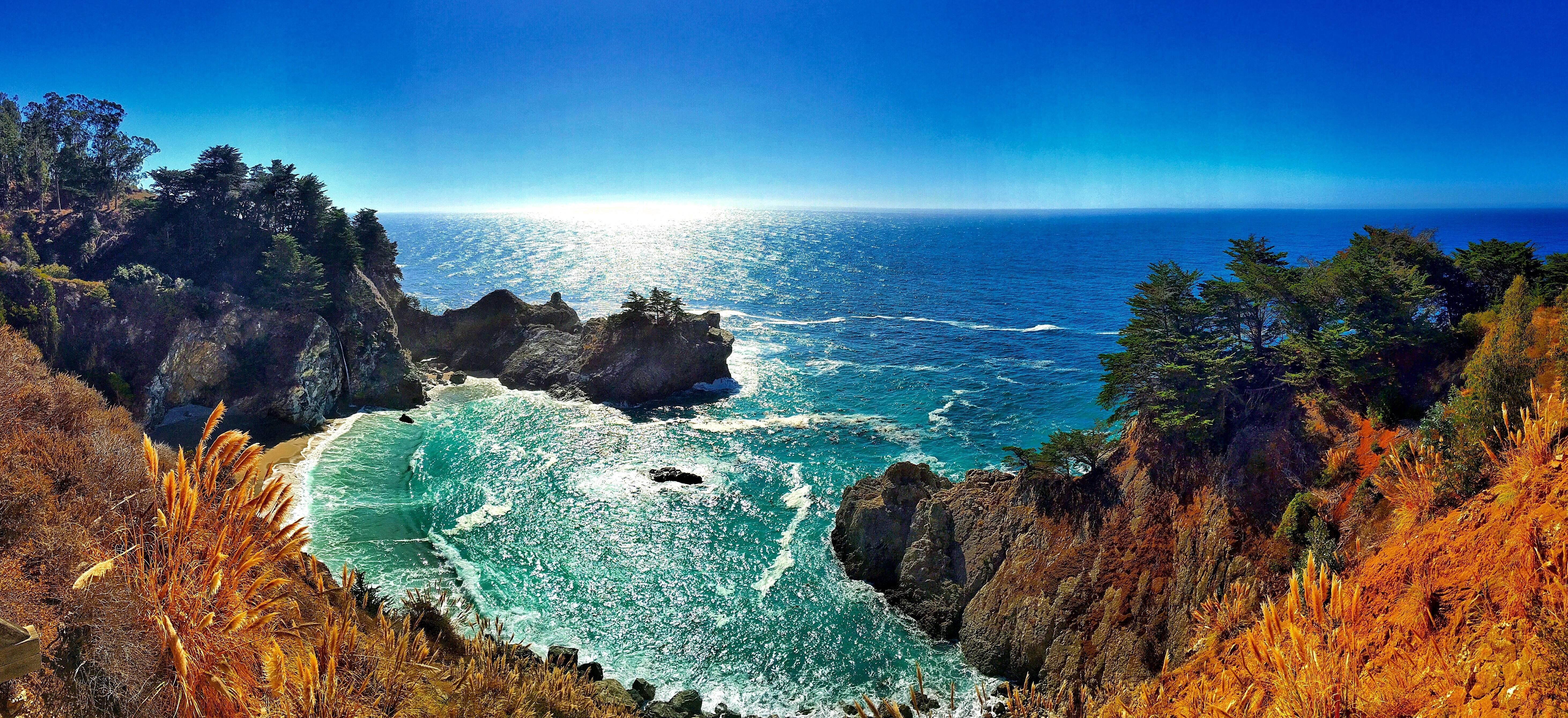 5850x2681 Big Sur, California, Ocean, McWay Falls, 5K Gallery HD Wallpaper