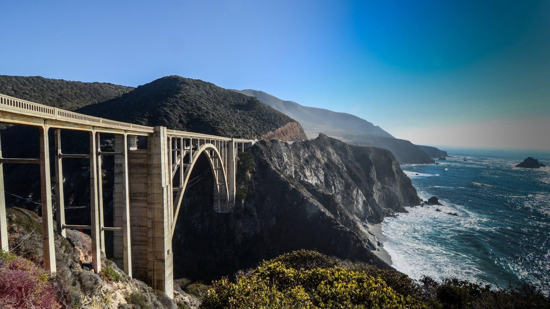 1920x1080 Wallpaper / California, coastline, clear sky, viaduct, Bixby Creek Bridge, bridge, landscape, sea free download