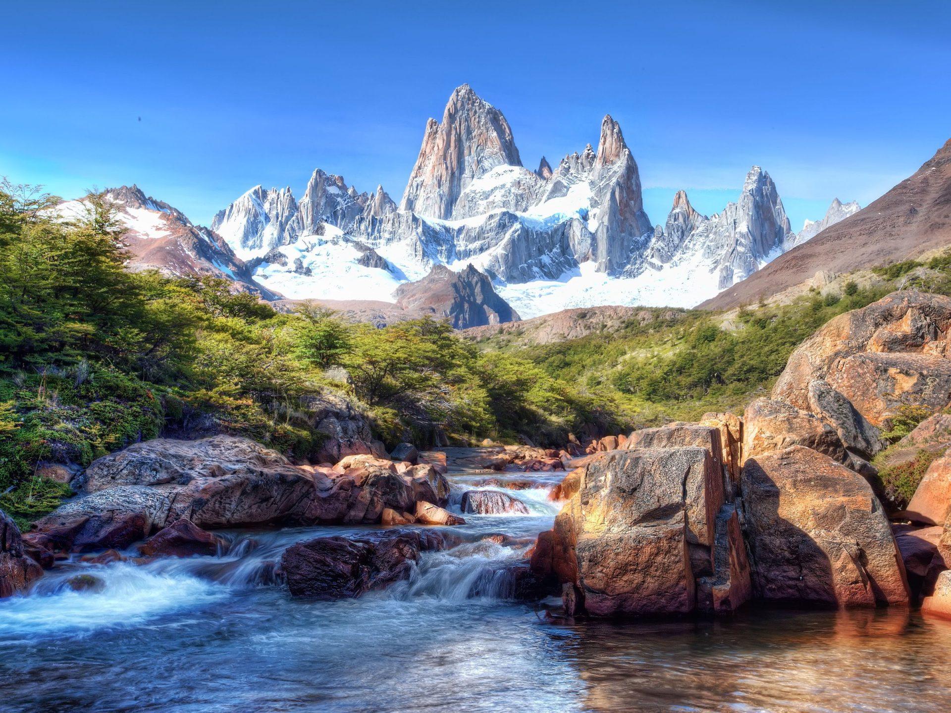 1920x1440 Blue Sky, Rocky Mountains With Snow Mountain River Rock Green Trees Shrubs Desktop Wallpaper Background HD :