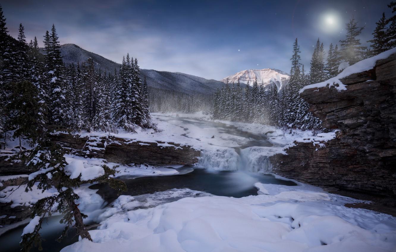1332x850 Wallpaper winter, forest, snow, trees, mountains, river, waterfall, Canada, Albert, Alberta, Canada, Rocky mountains, Rocky Mountains, Sheep River Provincial Park, Sheep River, River Spike image for desktop, section пейзажи