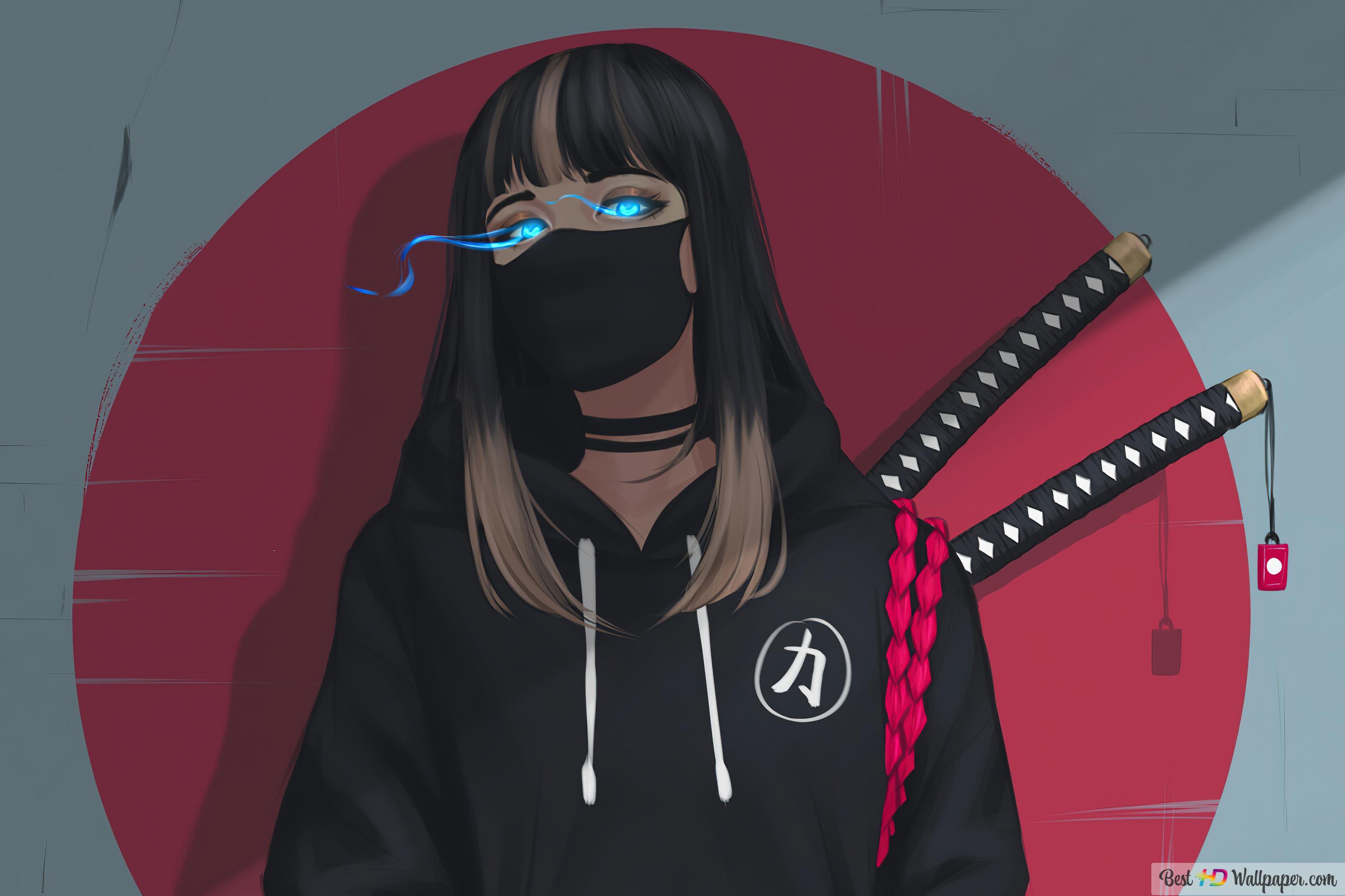 3000x2000 Anime Girl Mask Glowing Eyes 4K wallpaper download
