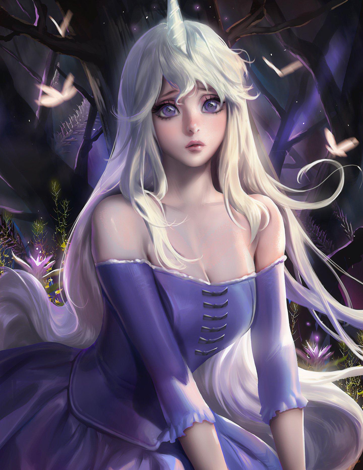 1440x1863 Anime girl unicorn last butterfly dress horns long hair purple eyes tree white hair wallpaperx1863
